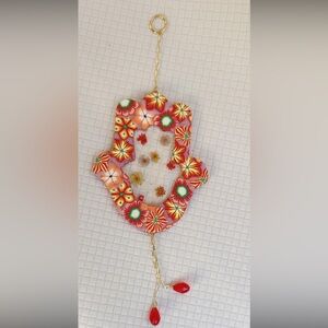 Handmade Israeli Hamsa Wall Hanging Polymer Clay Red Floral Charm